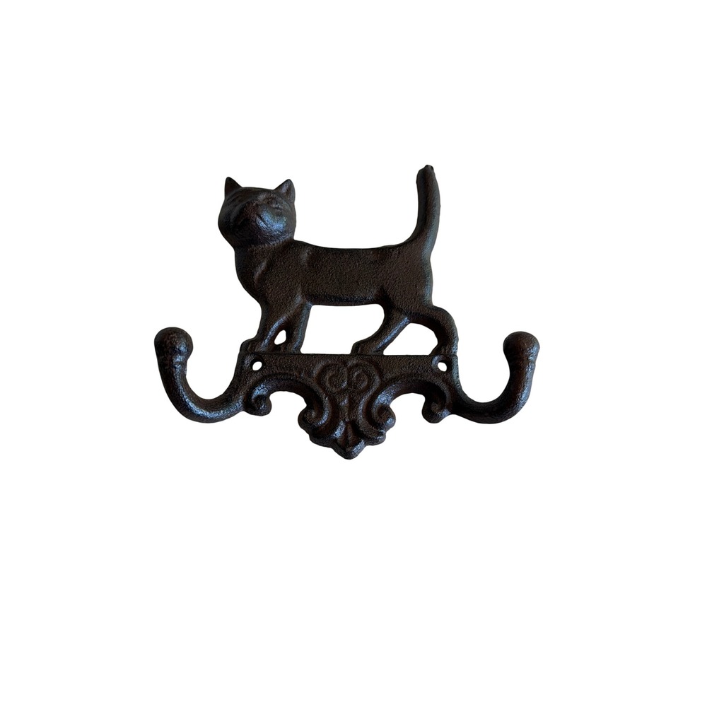 Wall Hook Brown Cast Iron Cat Silhouette Rustic Double Hook Hanger